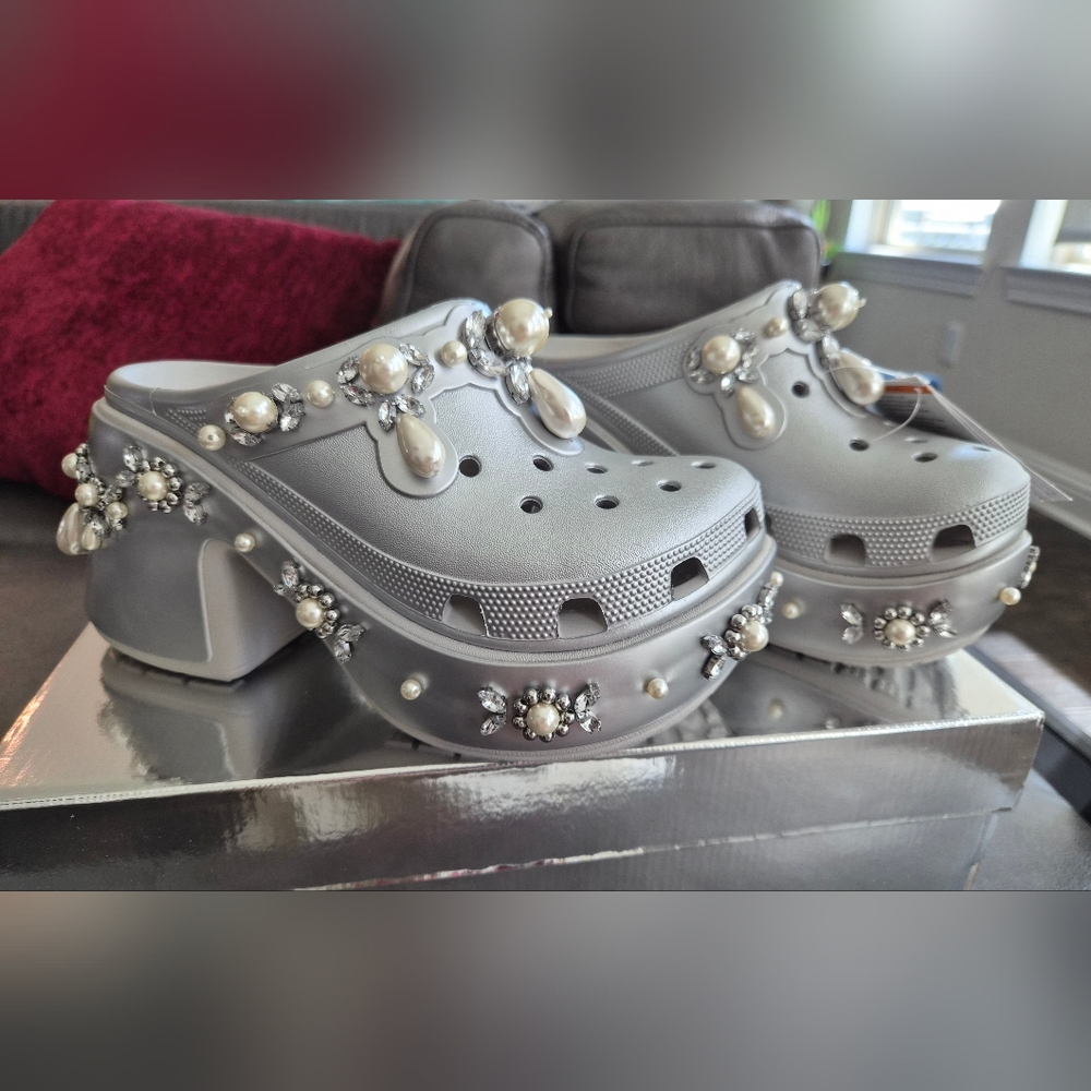 Simone Rocha x Crocs Silver Embellished Faux Pearl & Crystal Clogs